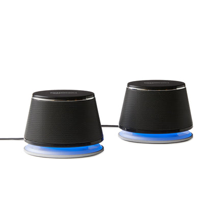 Amazon Basics front view of stereo speakers showing compact pair and clear sound