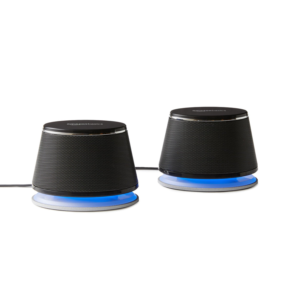 Amazon Basics front view of stereo speakers showing compact pair and clear sound