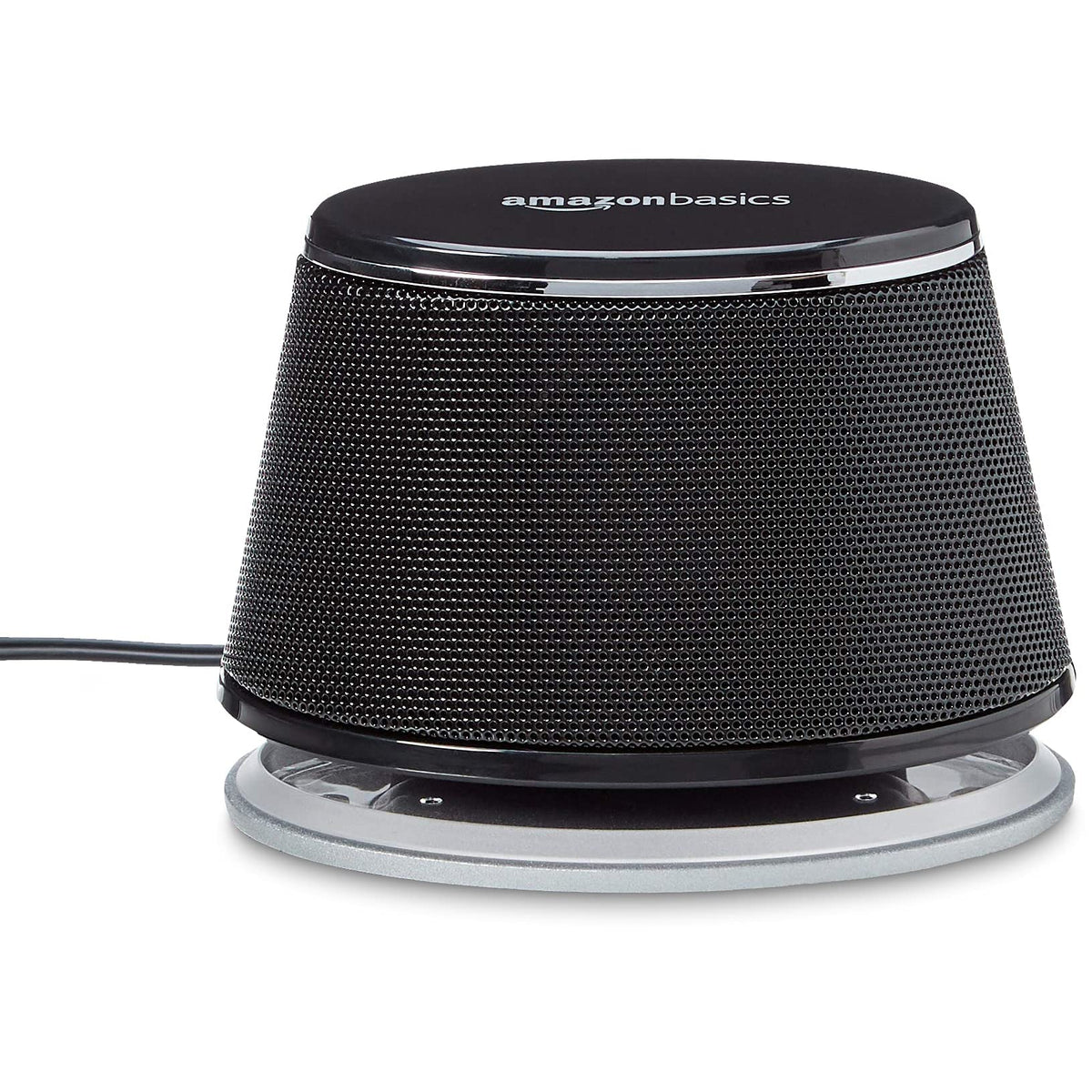 Amazon Basics speakers on laptop desk showing improved audio for work and entertainment