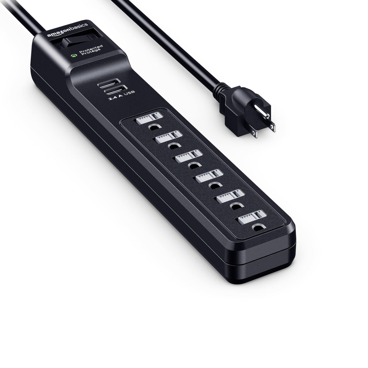 Amazon Basics surge protector with six outlets and two USB ports for versatile device charging.