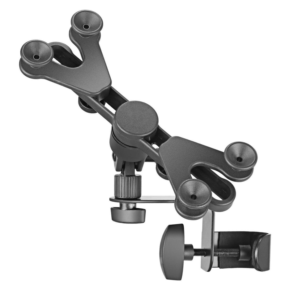 Amazon Basics tablet holder clipped to a music stand for secure viewing.