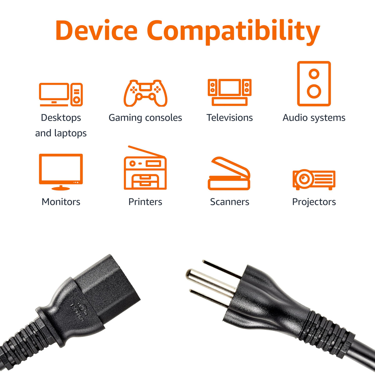 Amazon Basics three-prong plug cord provides grounded connection for safe power delivery