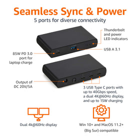Amazon Basics Thunderbolt 4 Dock rear ports show USB-A and power delivery for peripherals.