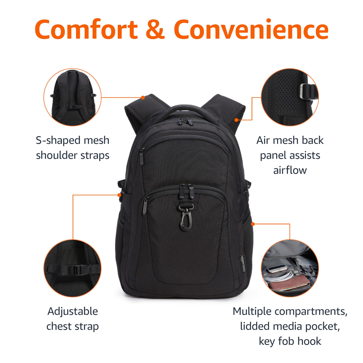 Amazon Basics travel laptop backpack Tech Spot sleeve protects 15.6 inch laptop
