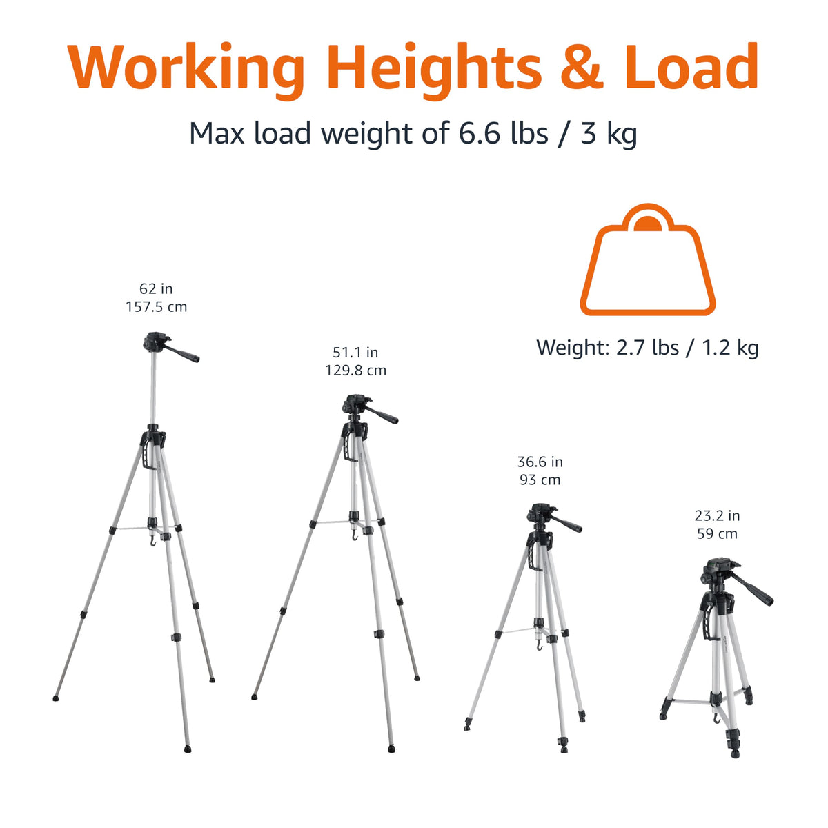 Amazon Basics tripod fully extended to 60 inches for improved reach