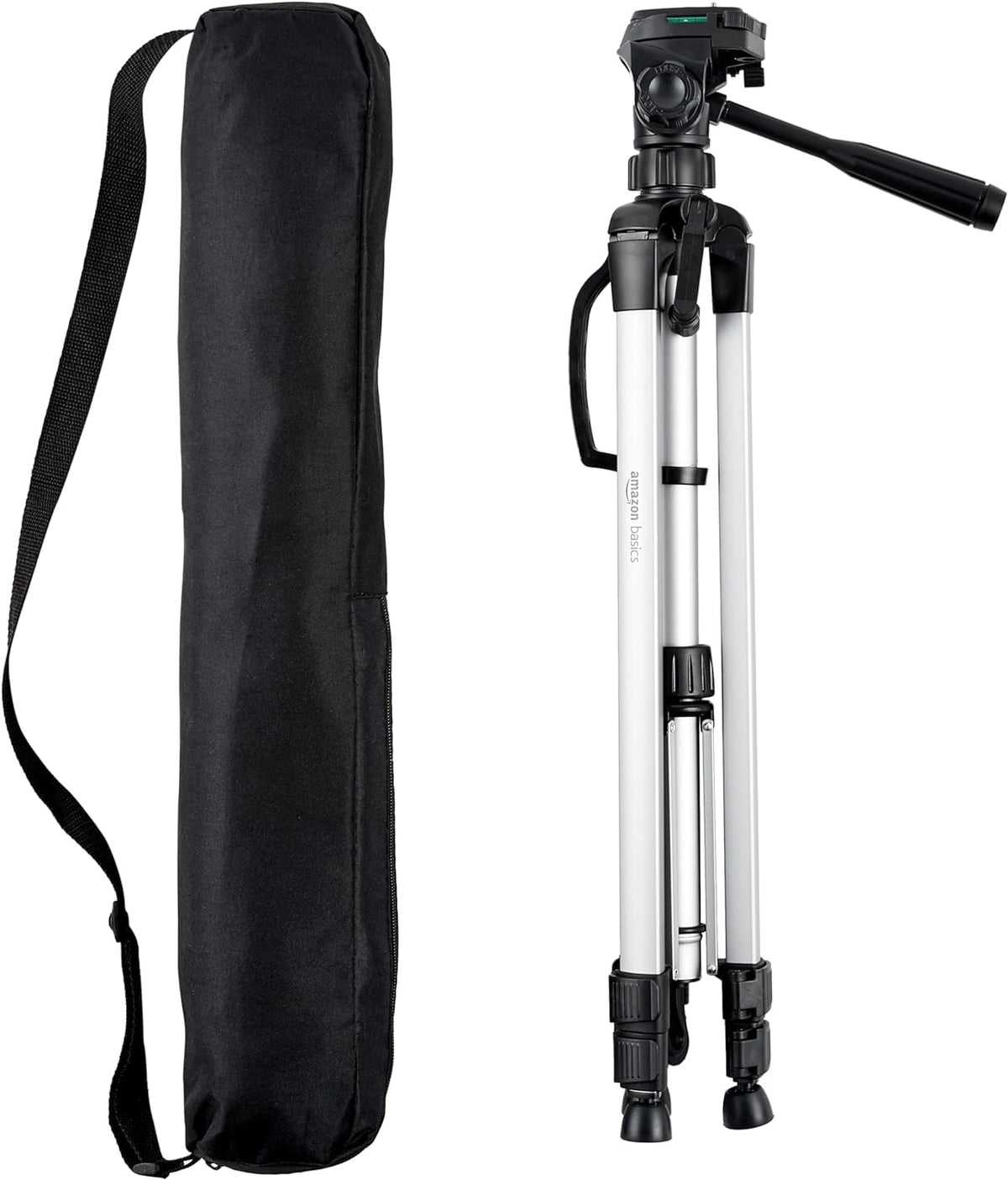 Amazon Basics tripod front view showing compact travel benefit