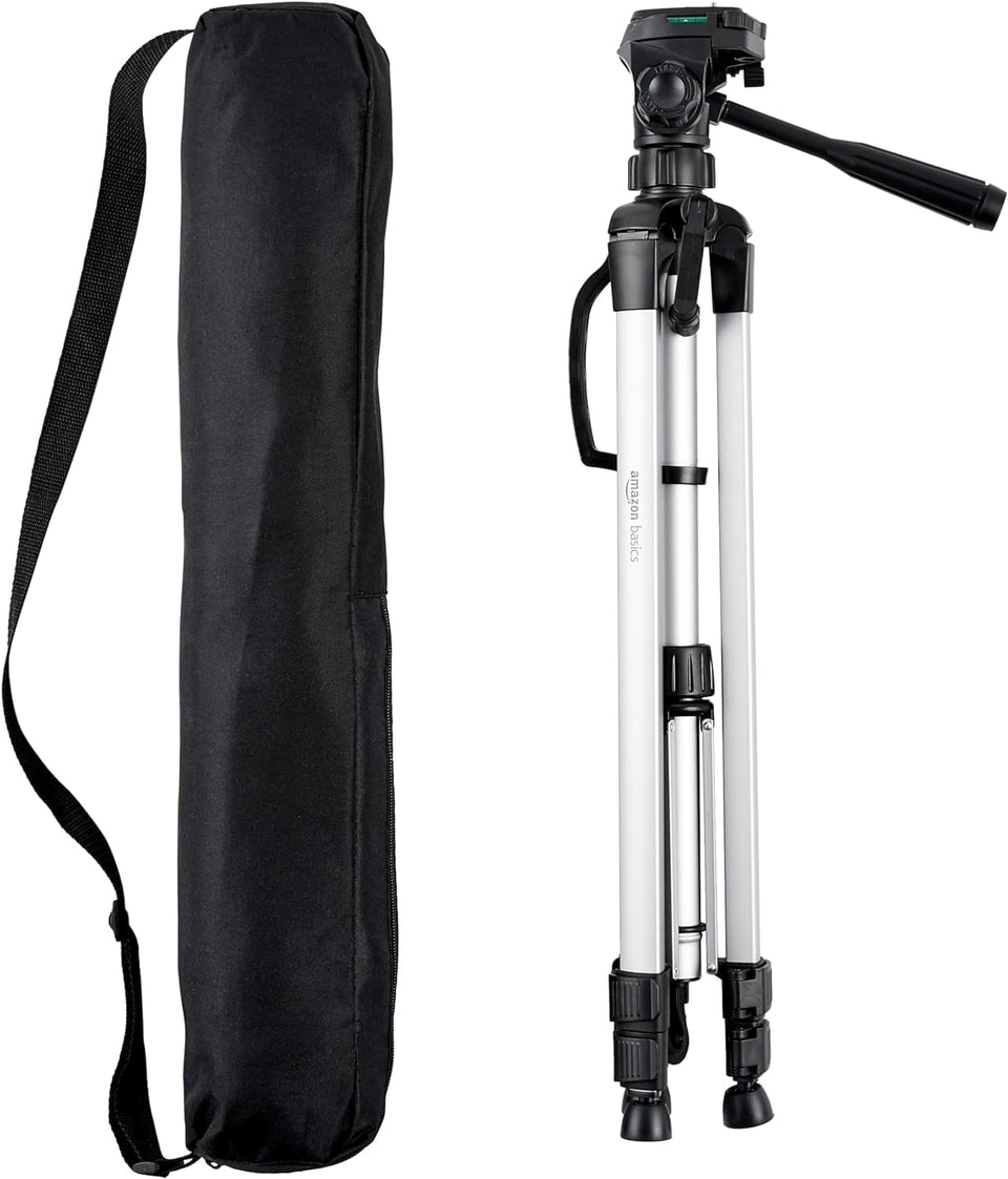 Amazon Basics tripod front view showing compact travel benefit