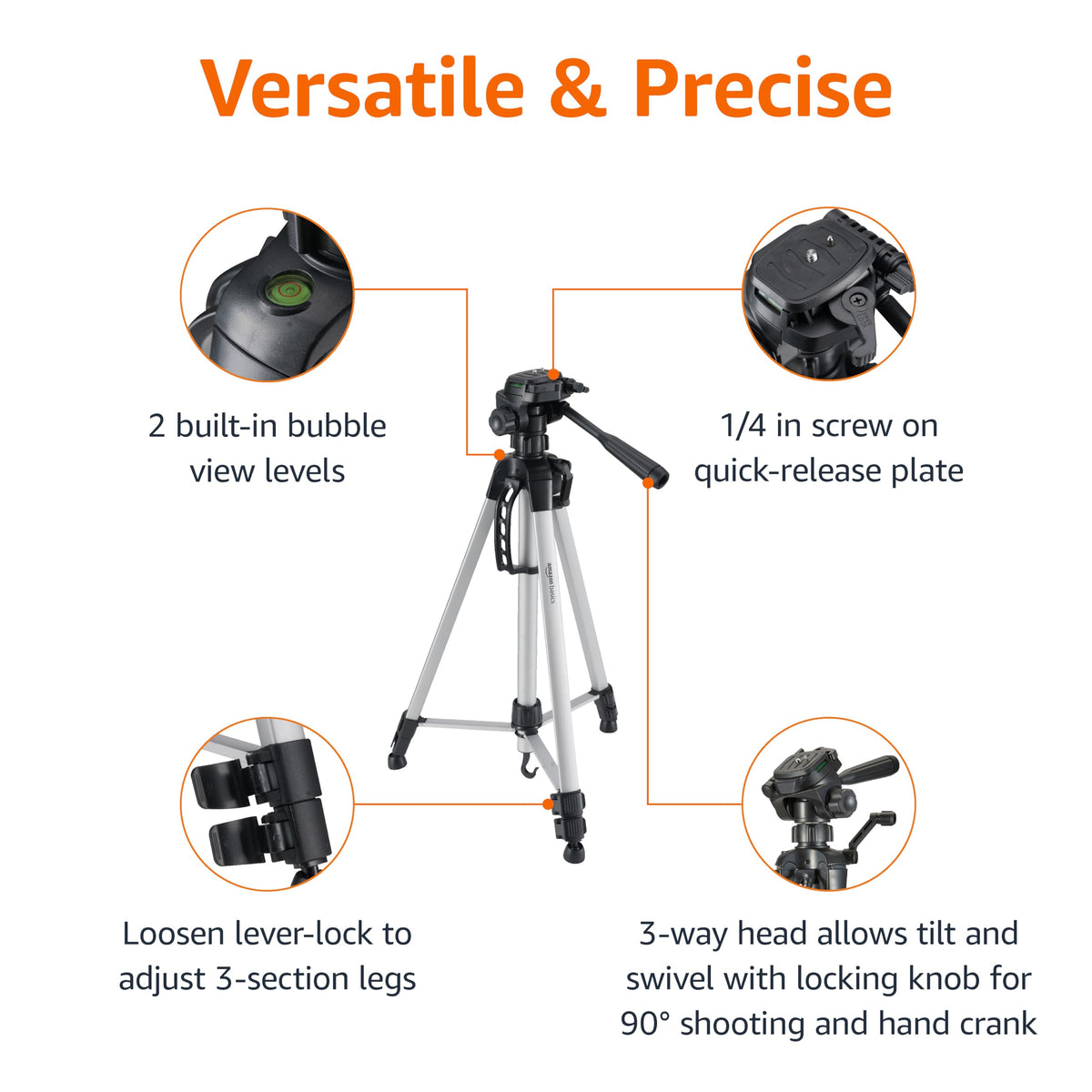 Amazon Basics tripod rubber feet and leg locks for stable footing