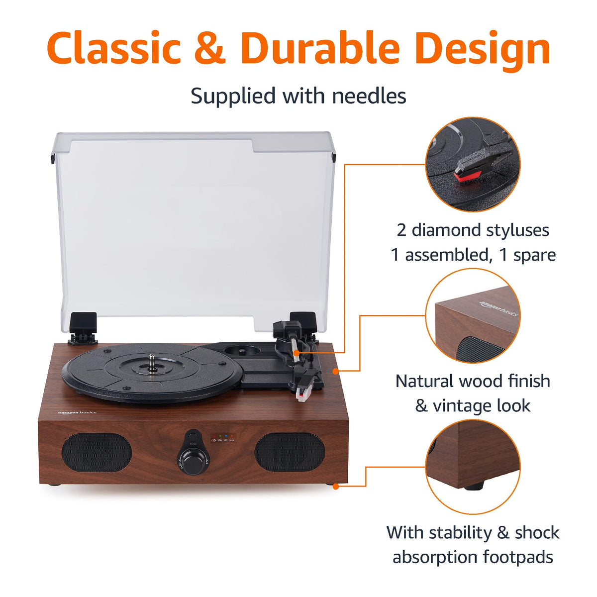 Amazon Basics belt-driven drive provides smooth playback with stable rhythm