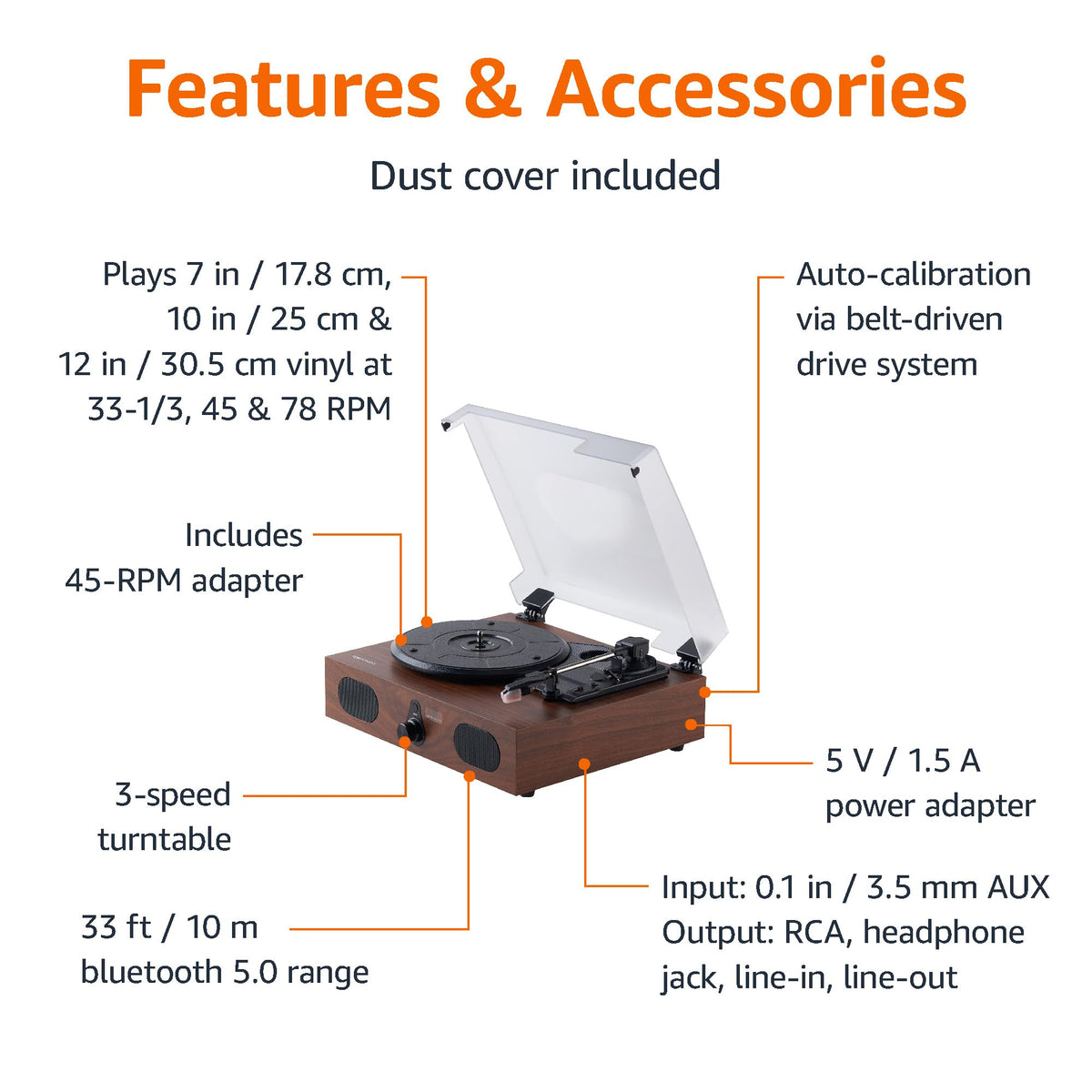 Amazon Basics turntable built-in speakers deliver clear, room-filling vinyl sound
