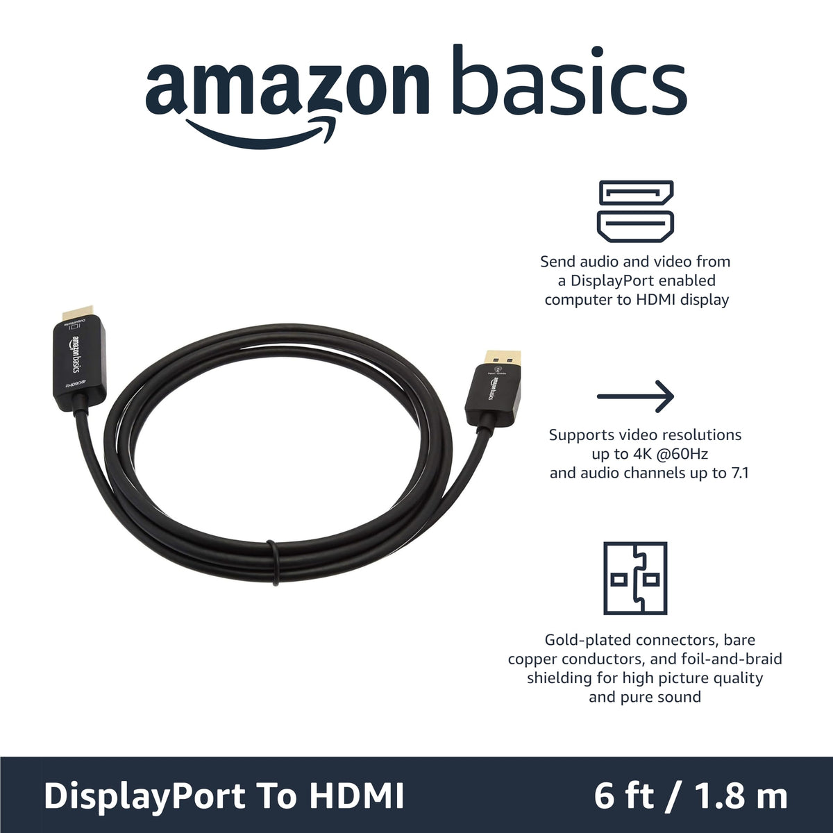 Amazon Basics uni-directional DP to HDMI cable enables simple one-way computer-to-display connection