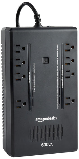 Amazon Basics UPS 600VA compact design with eight outlets for reliable home power.