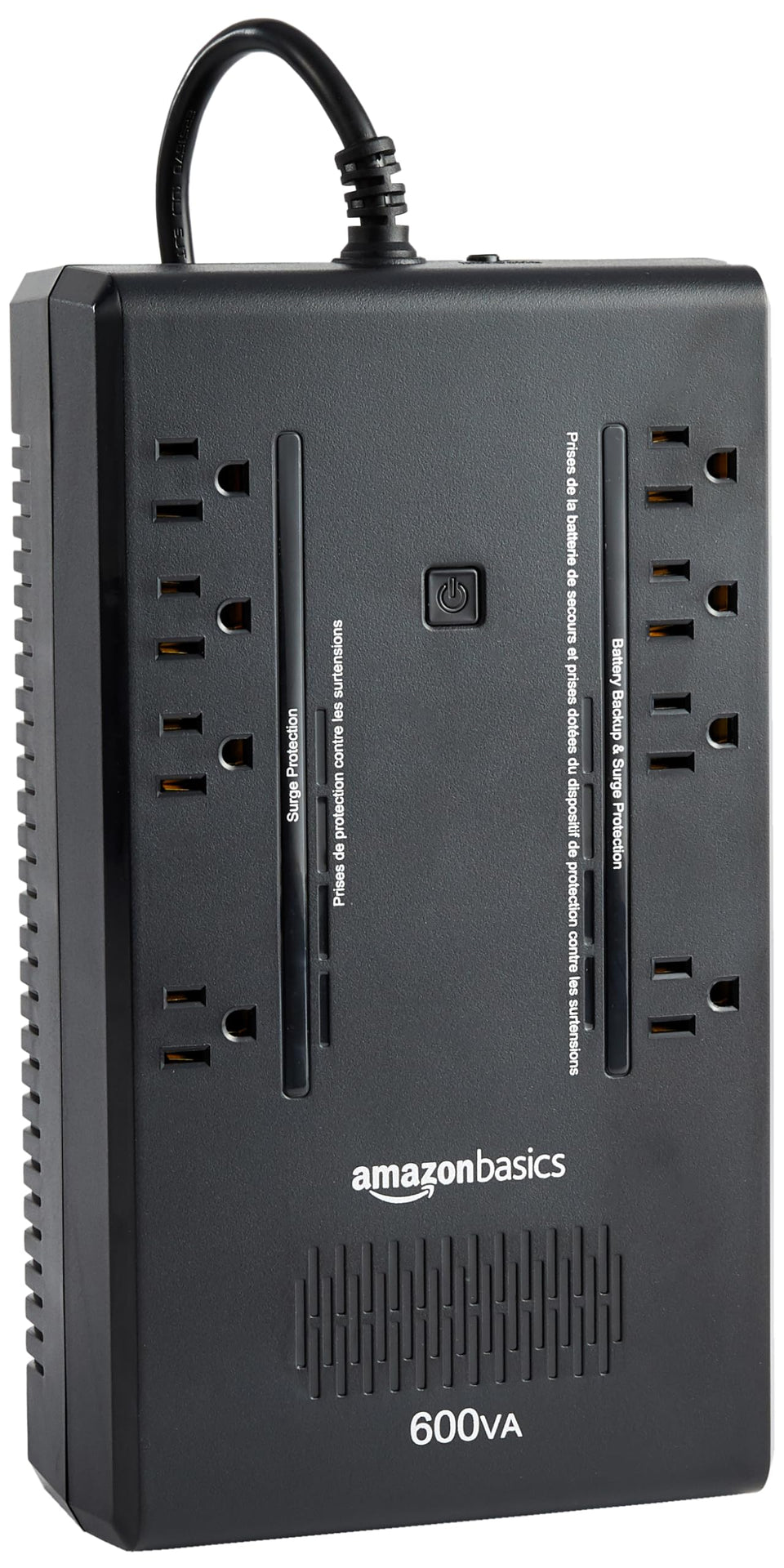 Amazon Basics UPS 600VA compact design with eight outlets for reliable home power.