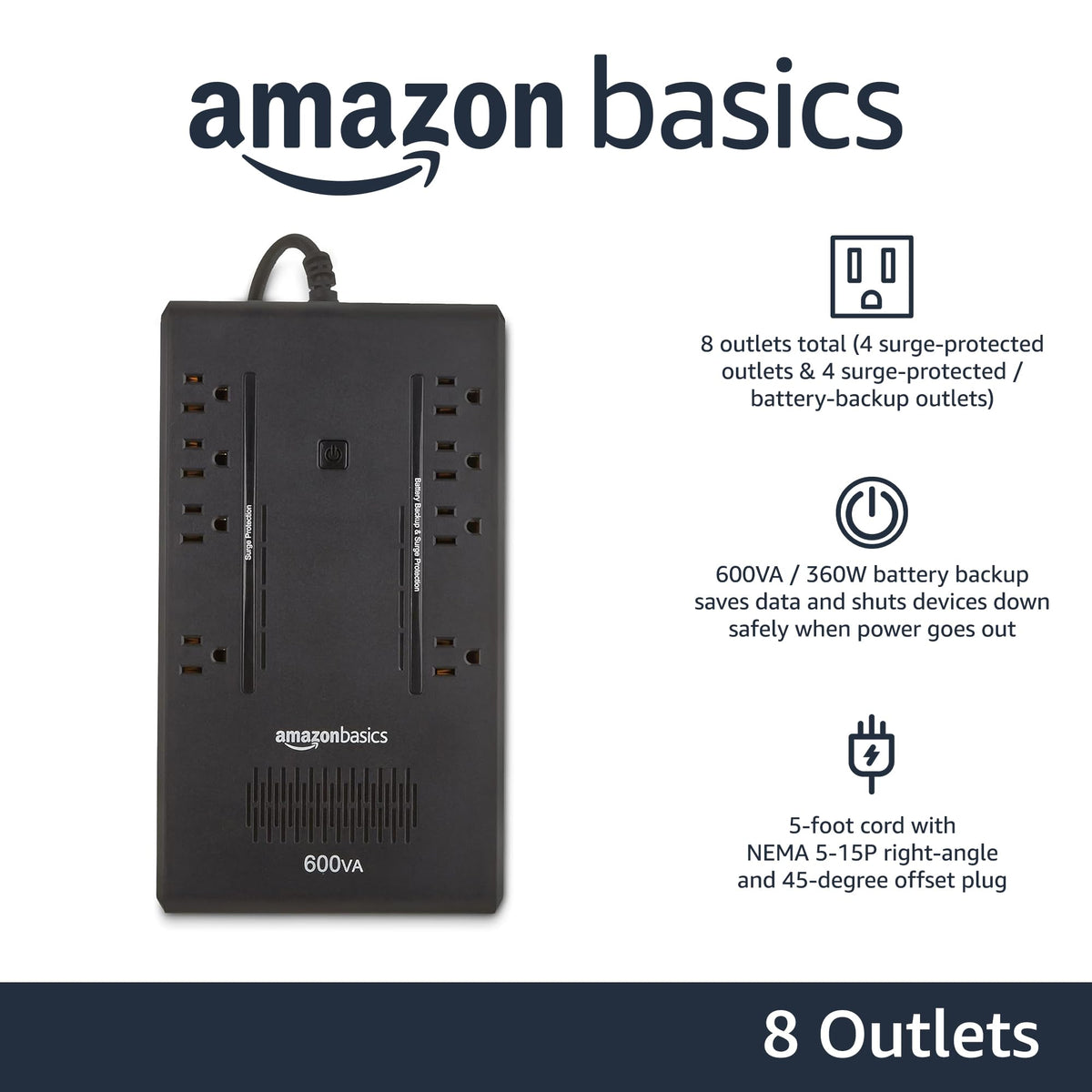 Amazon Basics UPS eight-outlet surge protection protects devices during surges.