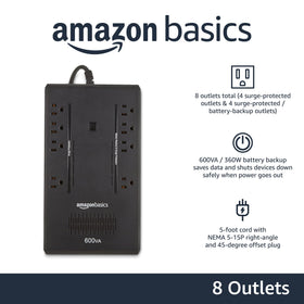 Amazon Basics UPS eight-outlet surge protection protects devices during surges.
