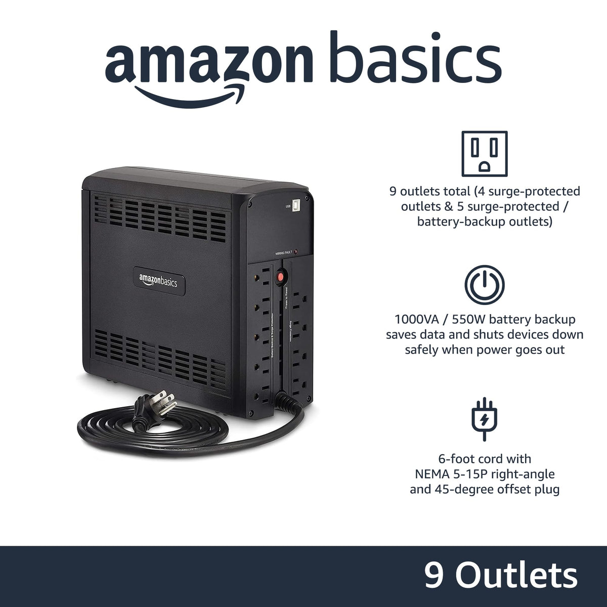 Amazon Basics UPS 9 outlets close-up showing surge protection and battery-backup outlets
