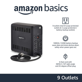 Amazon Basics UPS 9 outlets close-up showing surge protection and battery-backup outlets