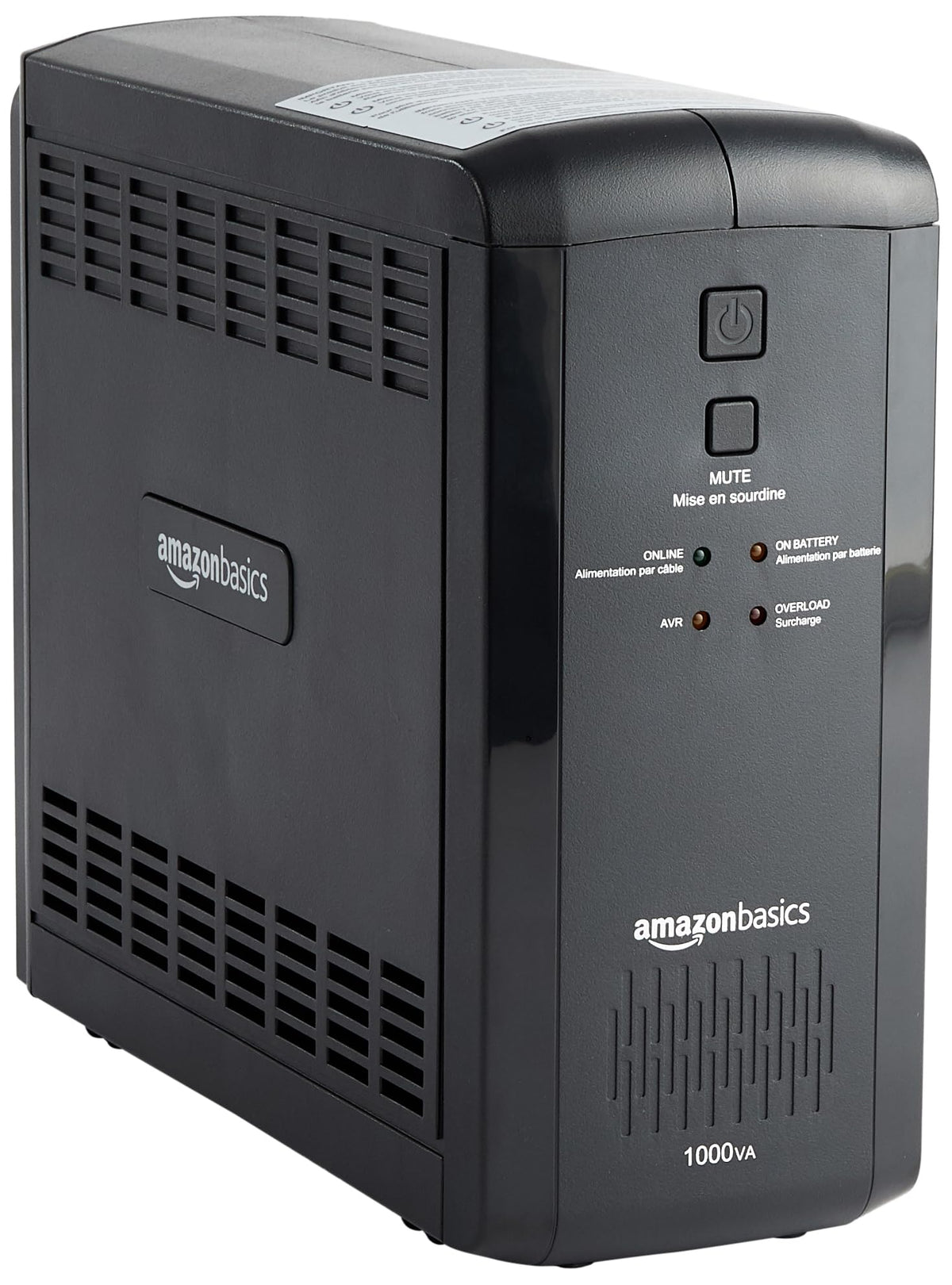 Amazon Basics UPS backup and surge unit front view; compact tower fits under desks