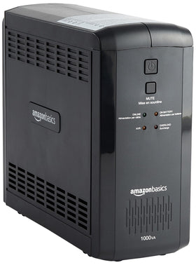 Amazon Basics UPS backup and surge unit front view; compact tower fits under desks