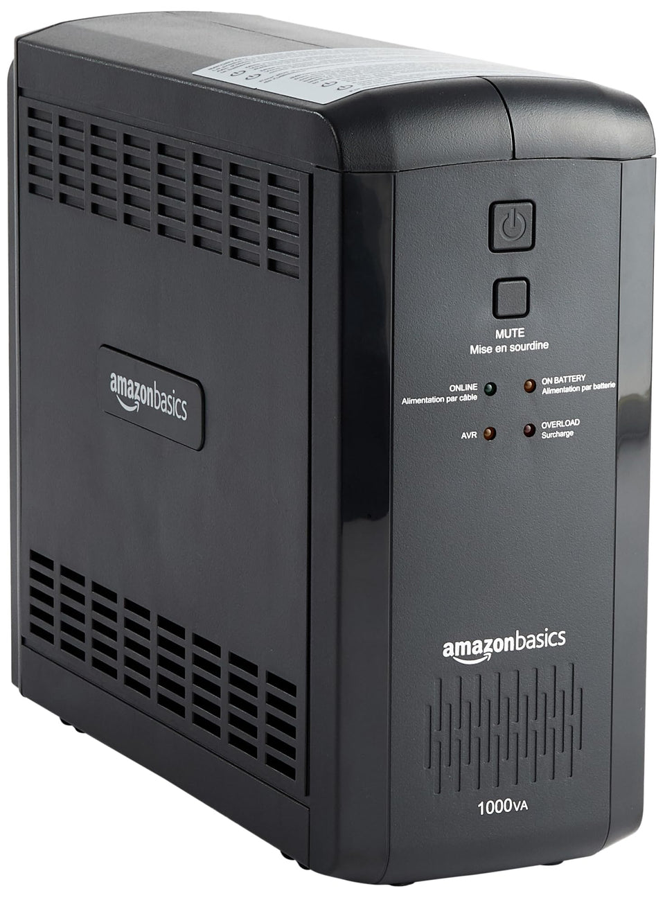 Amazon Basics UPS backup and surge unit front view; compact tower fits under desks