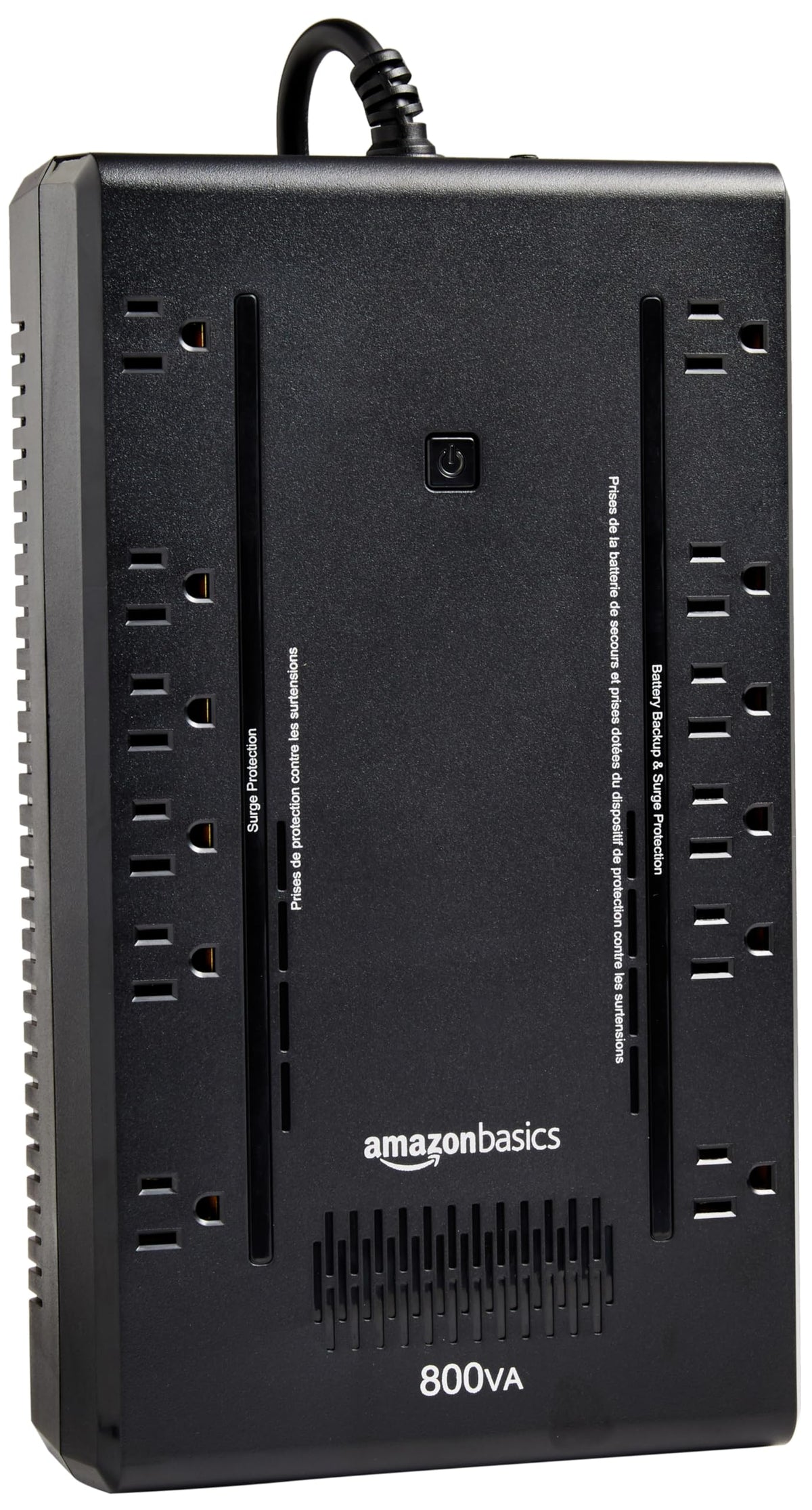 Amazon Basics UPS front view with 12 outlets powering devices during outages.