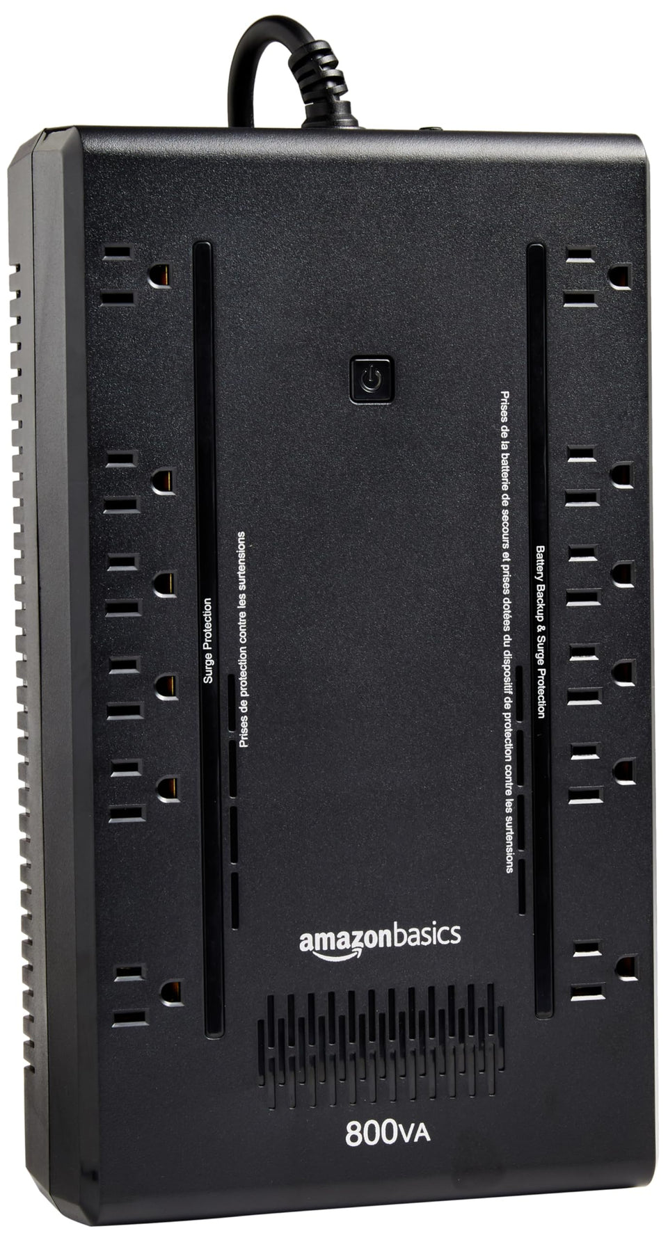Amazon Basics UPS front view with 12 outlets powering devices during outages.