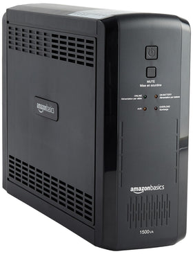 Amazon Basics UPS desk setup showing surge protection for electronics