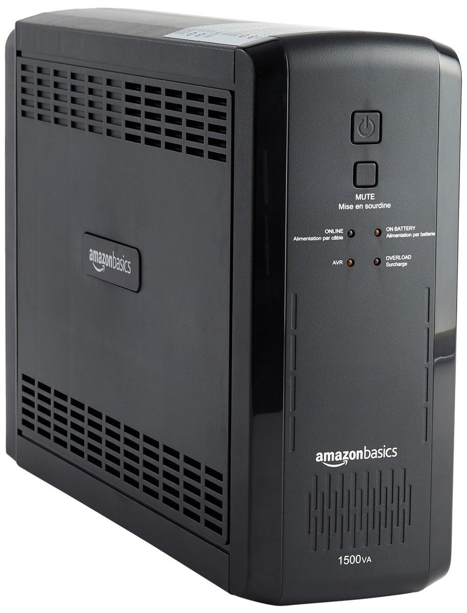 Amazon Basics UPS desk setup showing surge protection for electronics