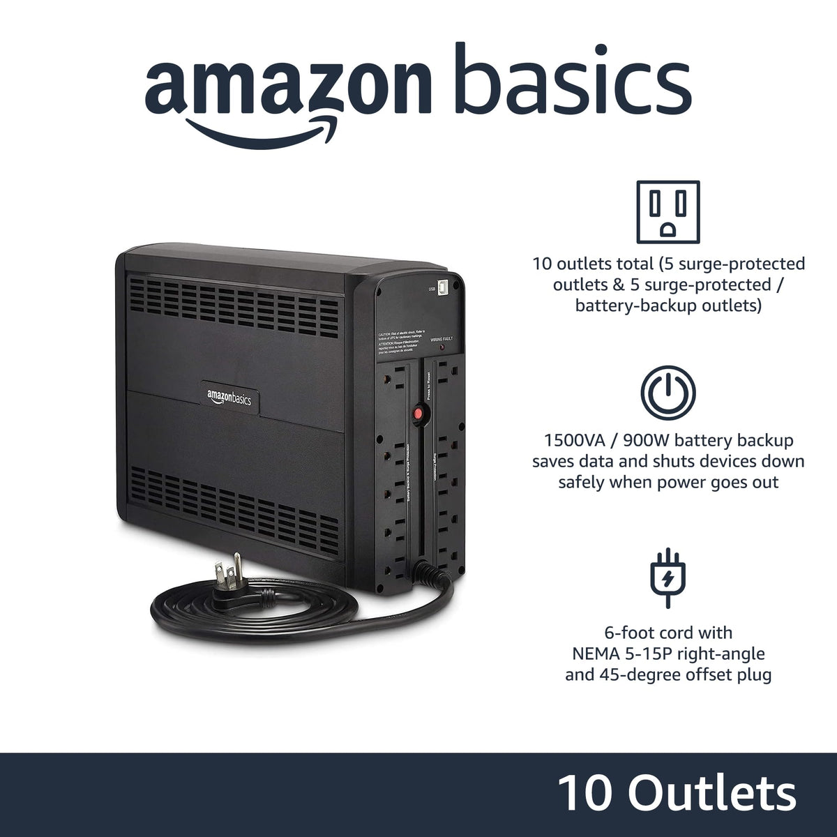 Amazon Basics UPS outlets close-up highlighting battery backup and AVR functionality
