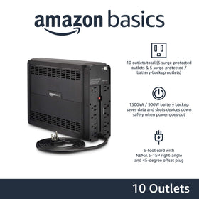 Amazon Basics UPS outlets close-up highlighting battery backup and AVR functionality