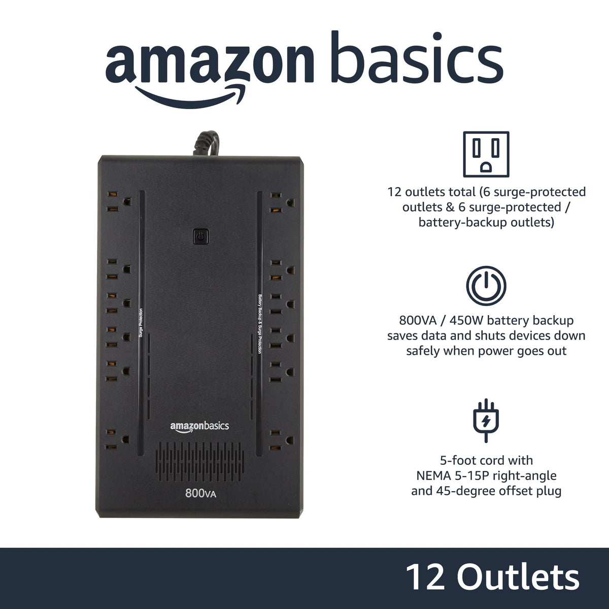 Amazon Basics UPS surge-protected outlets close-up for surge protection and safe power.