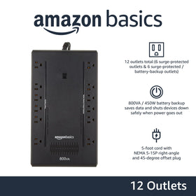 Amazon Basics UPS surge-protected outlets close-up for surge protection and safe power.