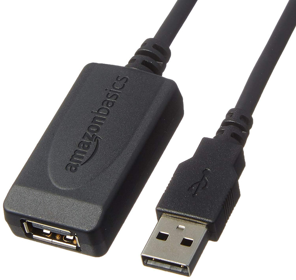 Amazon Basics USB 2.0 extension cable shows long reach for printers and mice.