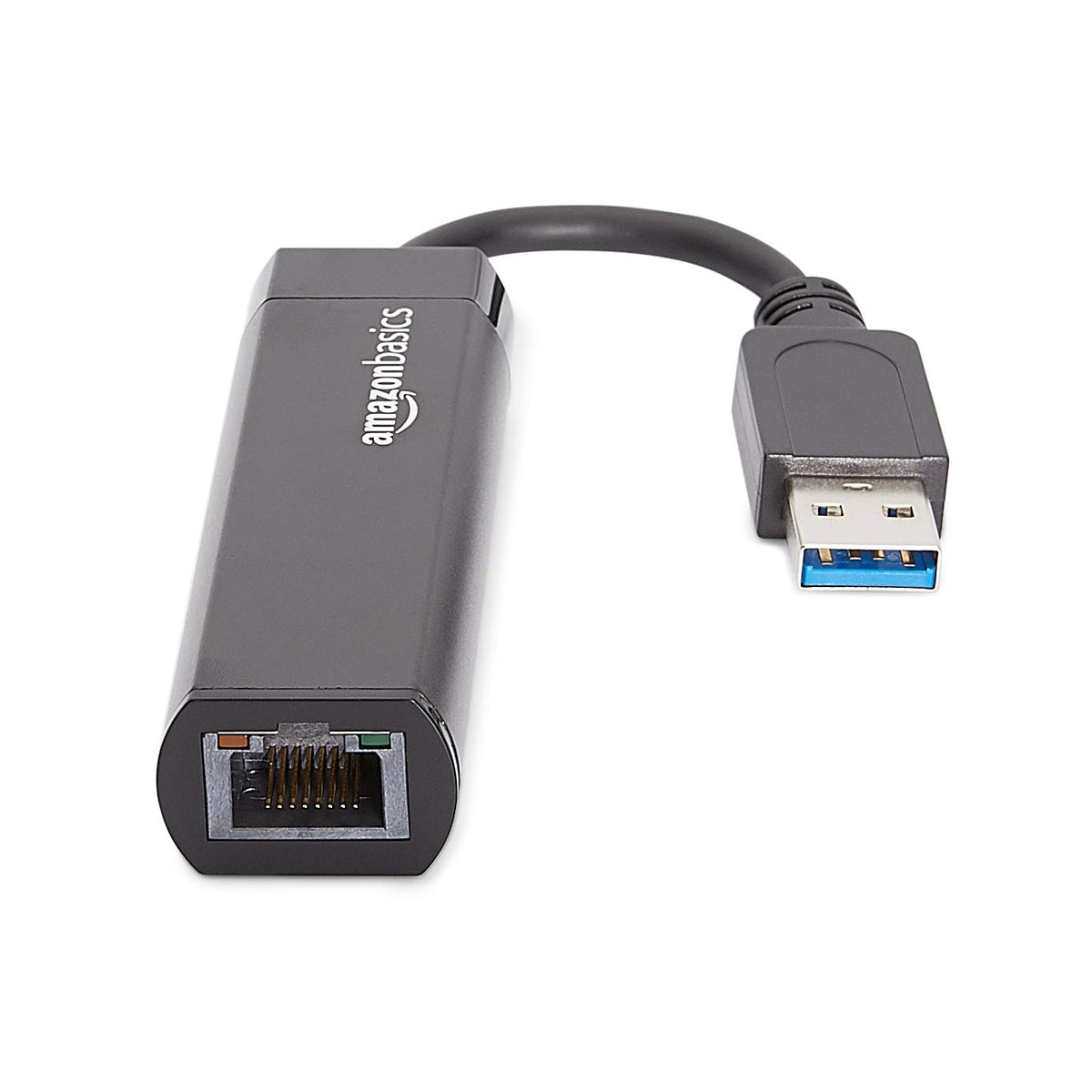 Amazon Basics USB 3.0 to Gigabit Ethernet adapter in use with a laptop.