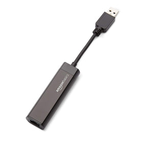 Amazon Basics USB 3.0 to Gigabit Ethernet adapter ports side view highlights compatibility.