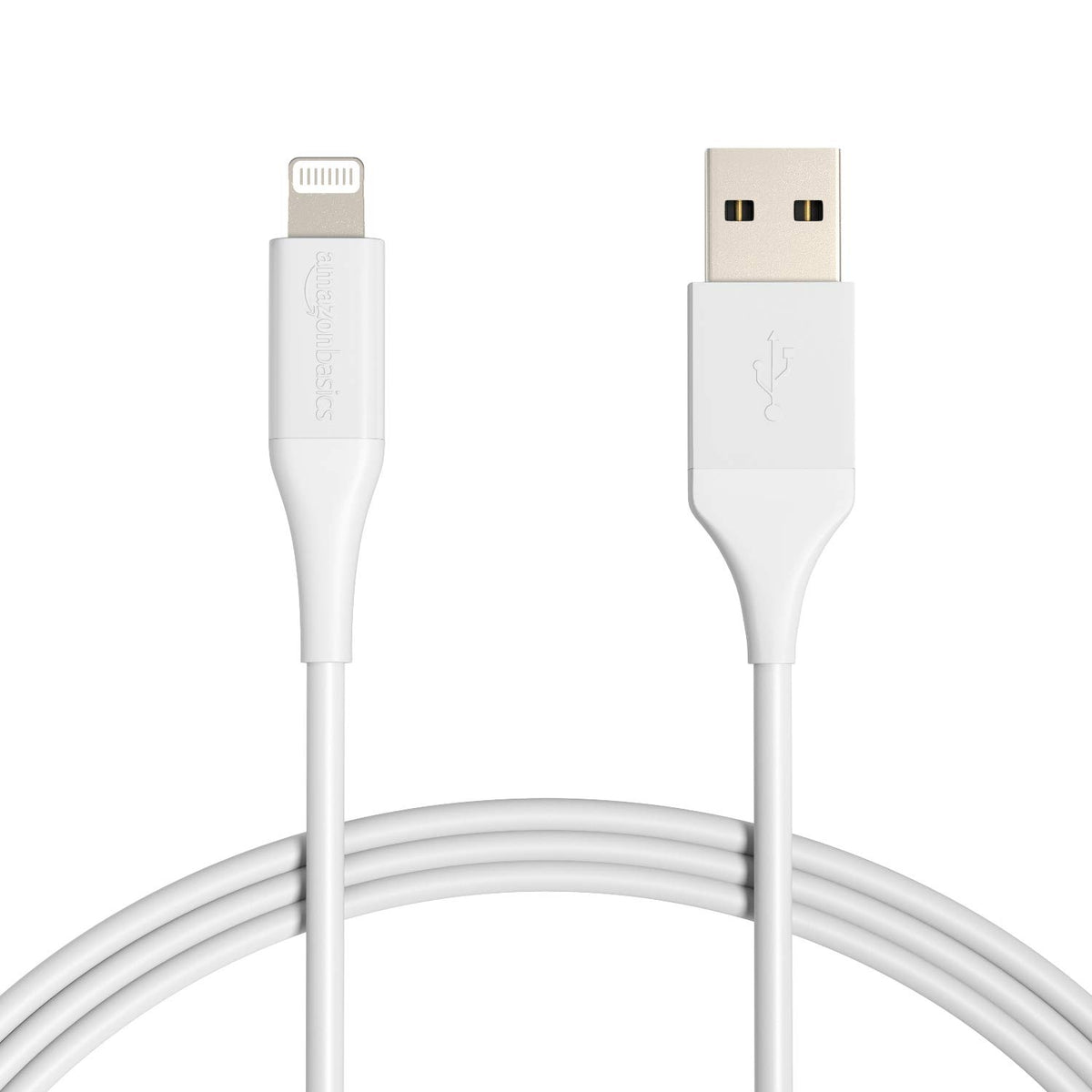 Amazon Basics USB-A to Lightning cable 6ft, angle view, durable ends protect charging and syncing.