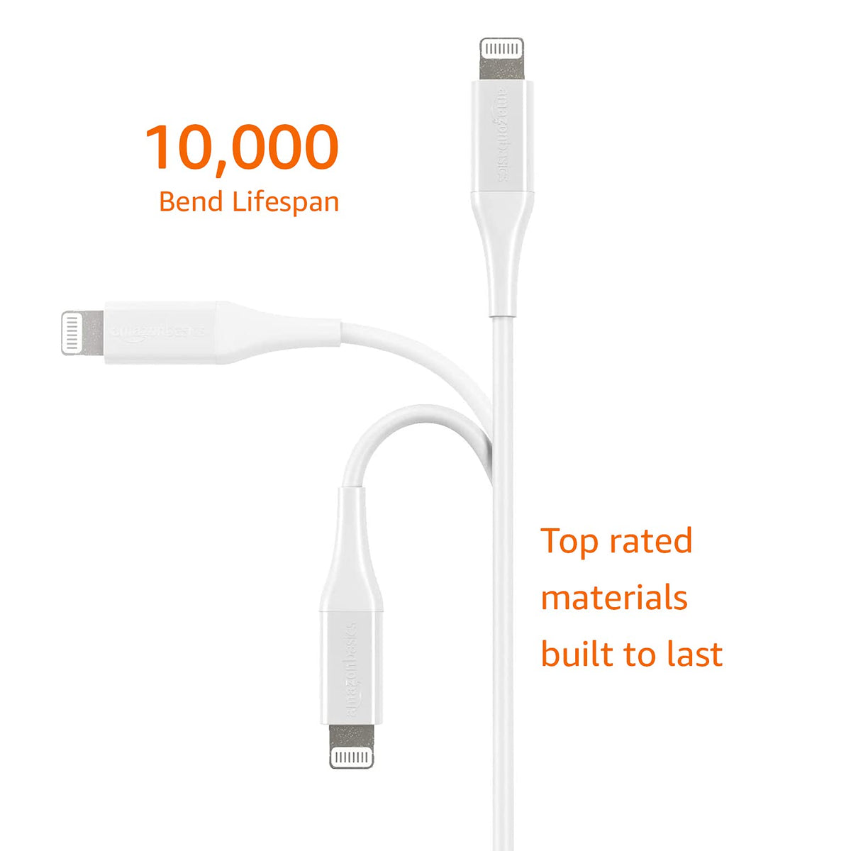 Amazon Basics USB-A to Lightning cable 6ft, flat view, flexible design for desk use.