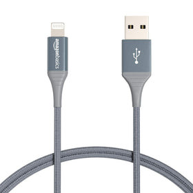 Amazon Basics USB-A to Lightning cable with nylon braid for durable daily charging.