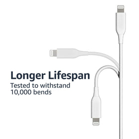 Amazon Basics USB-A to Lightning cable in use, fast charging up to 2.4A.