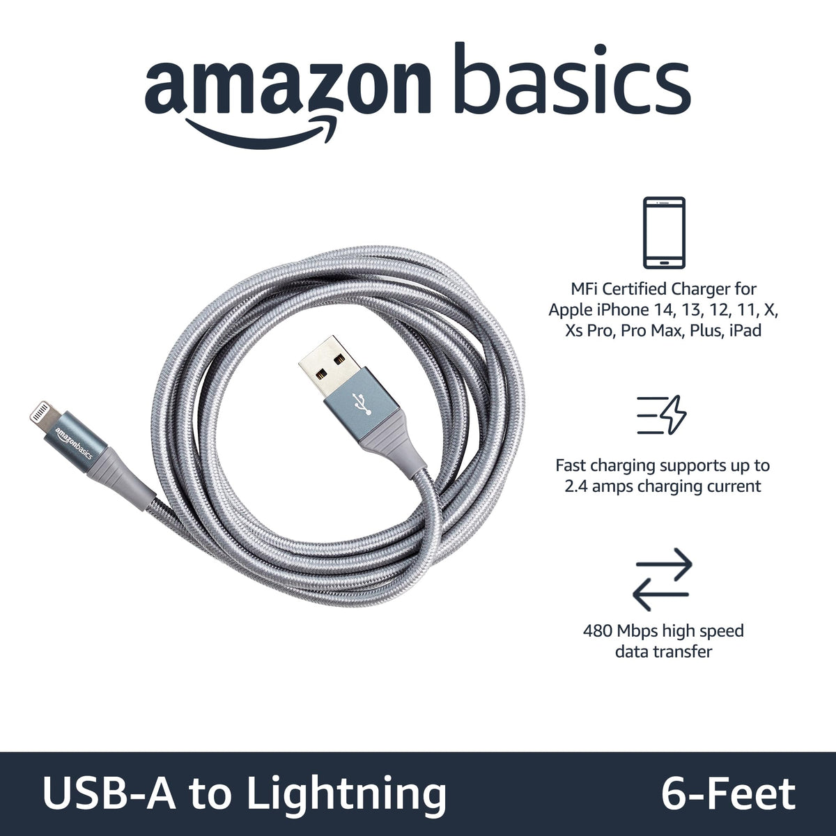 Amazon Basics MFi certified Lightning cable compatible with iPhone and iPad devices