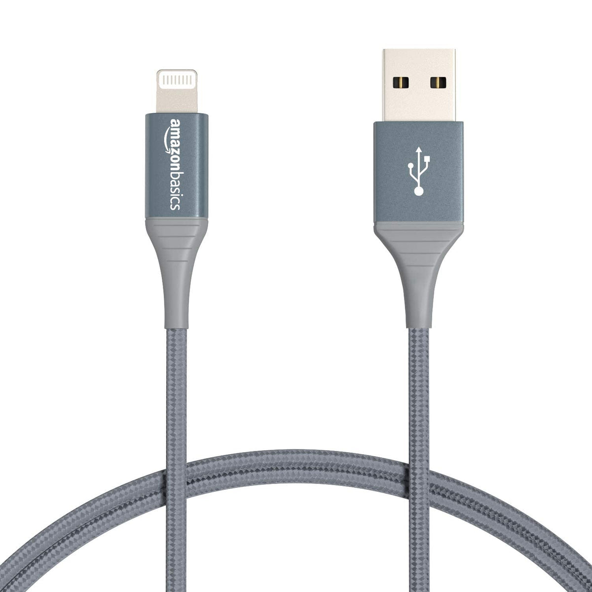 Amazon Basics USB-A to Lightning cable with nylon braid for durable charging and a 6ft reach