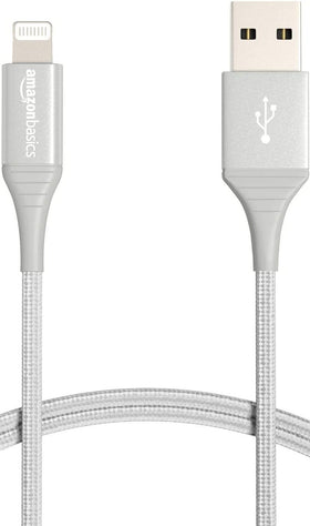 Amazon Basics USB-A to Lightning cable in silver nylon braided design for durability
