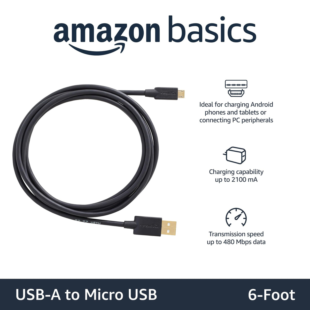 Amazon Basics USB-A to Micro USB cable for Android devices with USB 2.0 speed