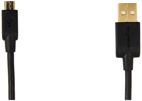 Close-up of gold-plated connectors on Amazon Basics USB-A to Micro USB cable.