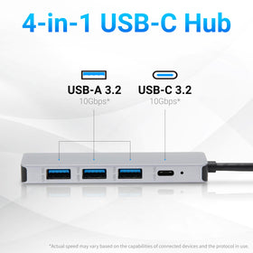 Amazon Basics USB-C hub downstream 10Gbps ports enable fast data transfer.