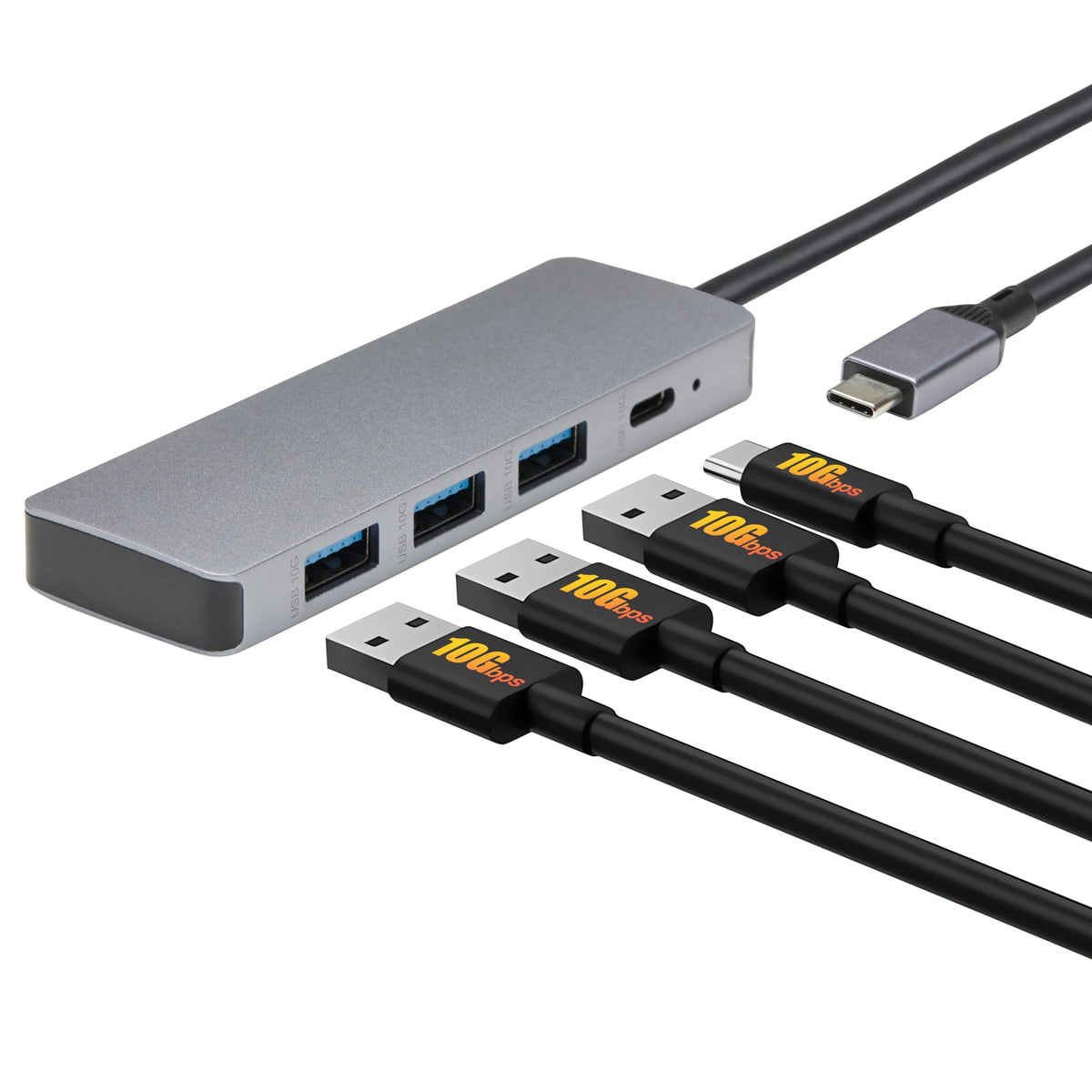 Amazon Basics USB-C hub front view with five ports for easy peripheral setup.