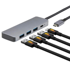 Amazon Basics USB-C hub front view with five ports for easy peripheral setup.