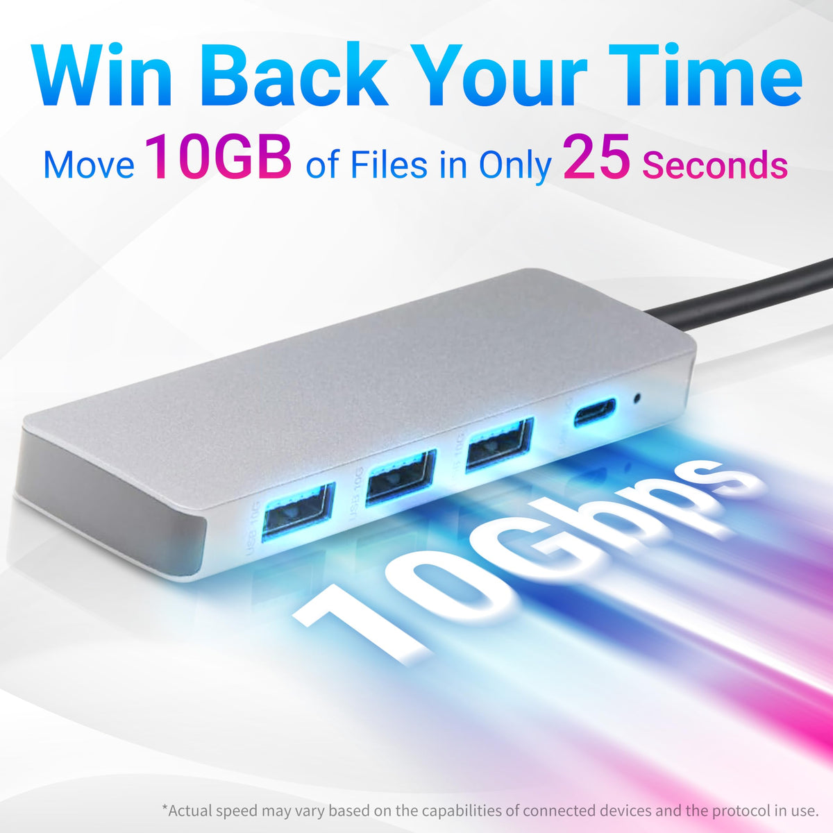 Amazon Basics USB-C hub showing Thunderbolt 3 compatibility for versatile laptop use.