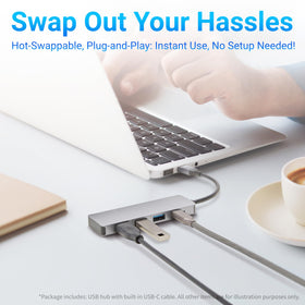 Amazon Basics USB-C hub upstream and downstream ports simplify setup.