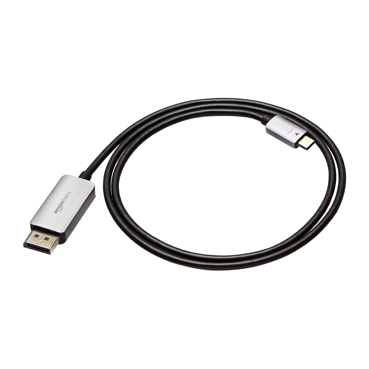 Amazon Basics USB-C to DisplayPort cable connects a laptop to a monitor for 4K video